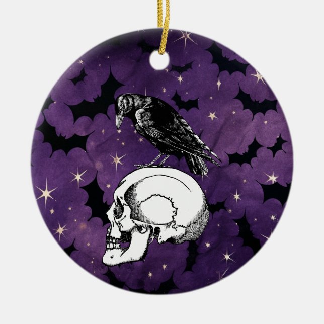 Adorno De Cerámica Crow Raven y Skull Halloween Estrellas púrpuras mu (Frente)