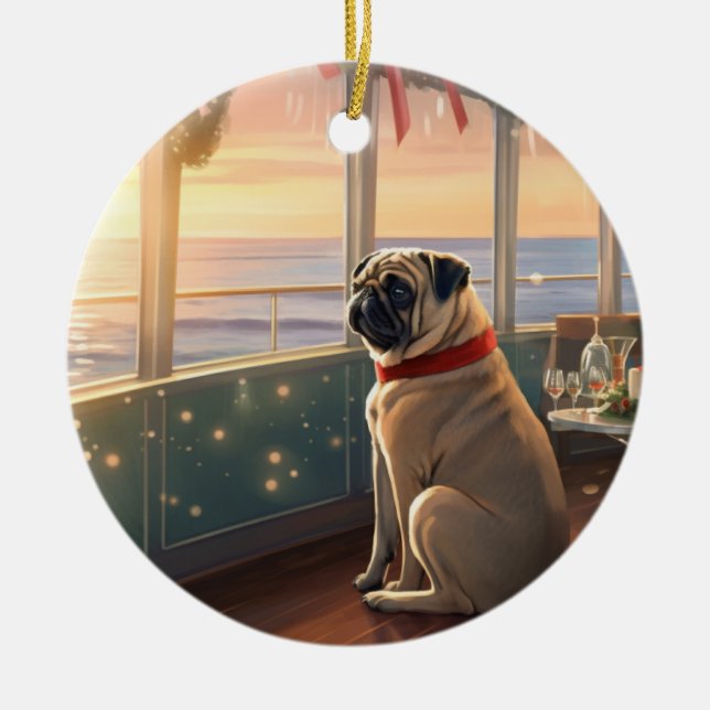 Adorno De Cerámica Cruise de Navidades Pug: Atractivo viaje feriado (Frente)