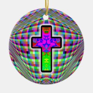 Adorno De Cerámica Cruz de colores en un fondo mágico