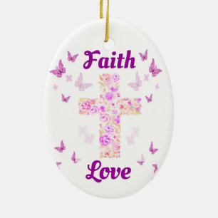 Adorno De Cerámica Cruz de Fe y Amor de Rosas con Butterflie Rosa