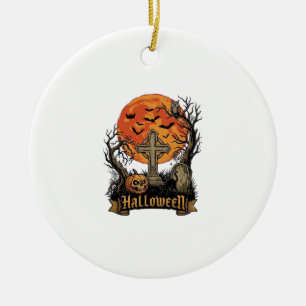 Adorno De Cerámica Cruz de Halloween Lápida Calavera Calabaza Gato Ne