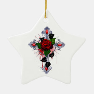 Adorno De Cerámica Cruz de Plata con una Rosa Roja