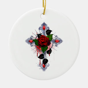 Adorno De Cerámica Cruz de Plata con una Rosa Roja