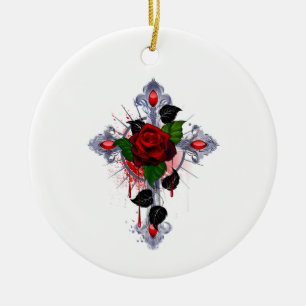 Adorno De Cerámica Cruz de Plata con una Rosa Roja