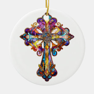 ADORNO DE CERÁMICA CRUZ DE VIDRIO TEÑIDO DE COLORES VIVOS