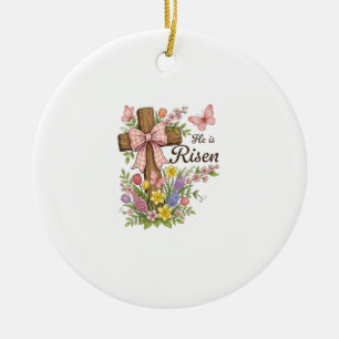 Adorno De Cerámica Cruz floral cristiana - Él ha resucitado Religiosa