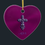 Adorno De Cerámica Cruz gótica de aspecto Grabado en relieve en morad<br><div class="desc">El adorno gótico en forma de corazón de una mujer con una cruz grabado en relieve de efecto 3d de estilo victoriano. Cambie las iniciales del monograma a las suyas para completar el diseño. Es un diseño de moda realmente de gótico con una fuente femenina para tus iniciales.</div>