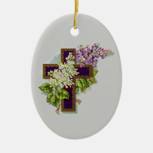 Adorno De Cerámica Cruz púrpura con las flores