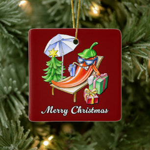 Adorno De Cerámica Cuadrado Red Deep Merry Christmas Pepper