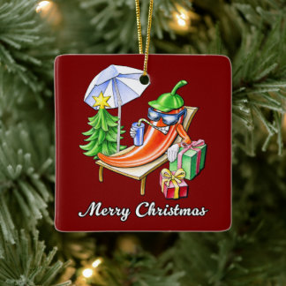 Adorno De Cerámica Cuadrado Red Deep Merry Christmas Pepper