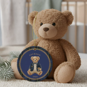 Adorno De Cerámica Cuadro de Tartán Azul   Oso de Peluche de Navidad