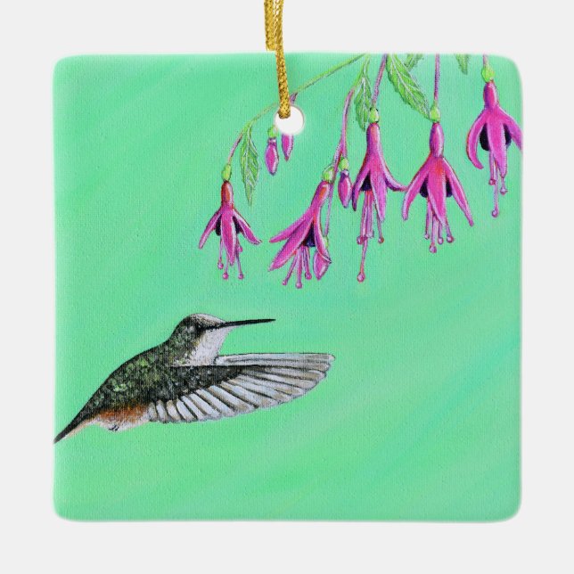 Adorno De Cerámica Cuadros de colibrí y fucsia (Anverso)