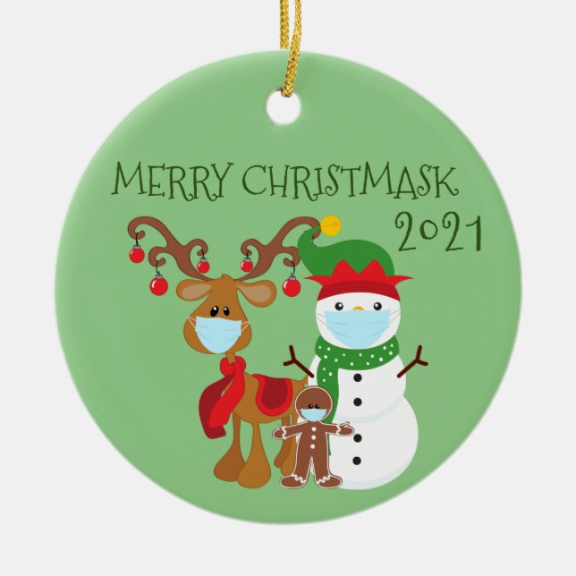 Adorno De Cerámica Cuarentena de renos con Merry Christmask 2020 (Frente)