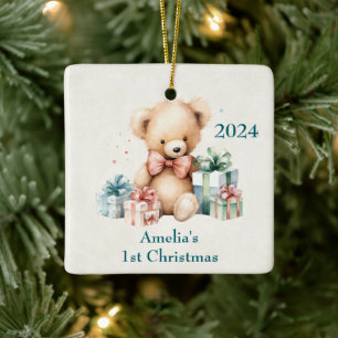 Adorno De Cerámica Cuato Teddy Bear Primera Navidad