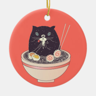 Adorno De Cerámica Cuenco de ramen y de gato negro