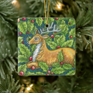 Adorno De Cerámica Cuerno de Reno de Navidad en el Bosque con Acebo