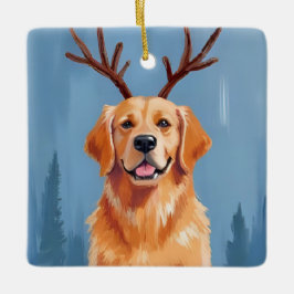 Adorno De Cerámica Cuerno de Reno para Golden Retriever | Navidad