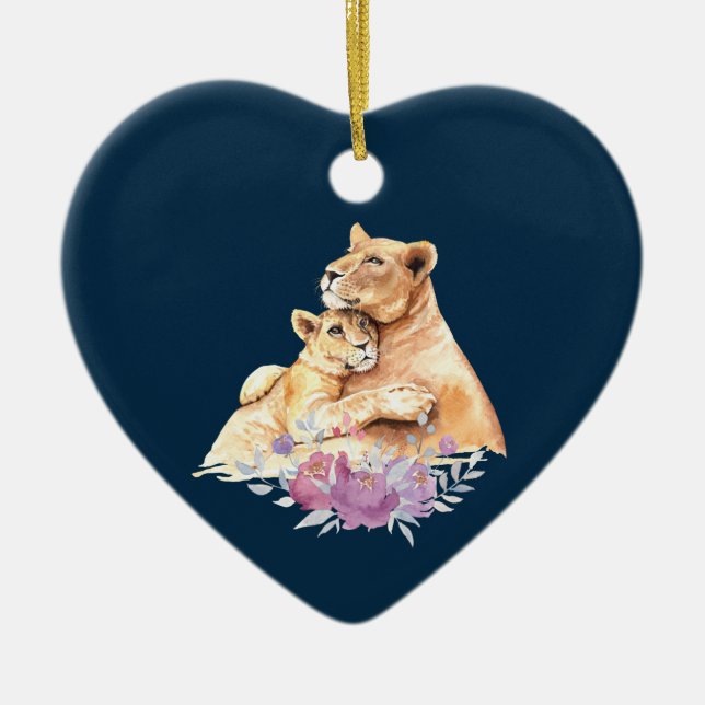 Adorno De Cerámica Cuidada acuarela madre león y cachorro (Frente)