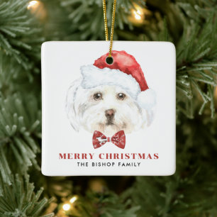 Adorno De Cerámica Cuidada acuarela maltesa Santa Merry Navidad