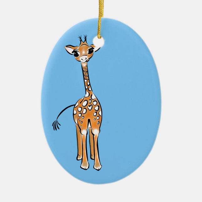 Adorno De Cerámica Cuidada Giraffe dibujando animales de safari azul (Frente)