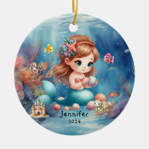 Adorno De Cerámica Cuidada Mermaid Ocean Photo Watercolor Personaliza