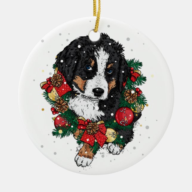Adorno De Cerámica Cuidados Navidades Bernese Mountain Dog Puppy (Frente)