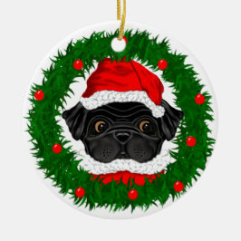 Adorno De Cerámica Cuidados Navidades Black Pug Santa en guirnalda