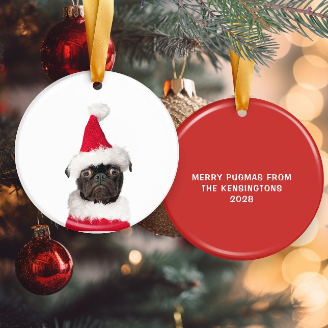 Adorno De Cerámica Cuidados Navidades Black Pug Santa Hat (Cute Christmas Black Pug Santa Hat Ceramic Ornament)