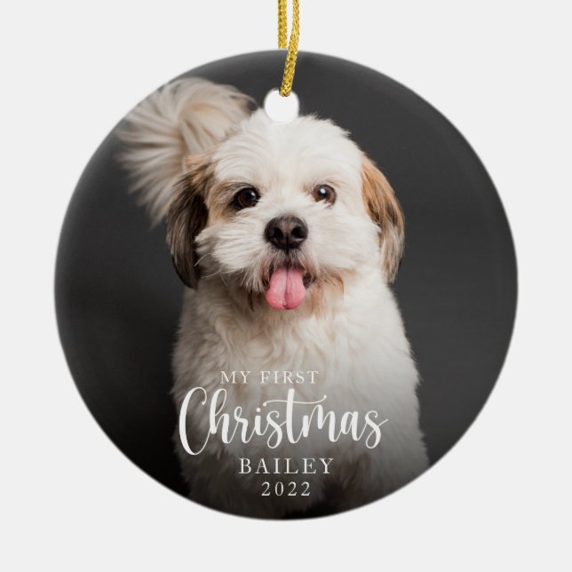 Adorno De Cerámica Cuidadosa cachorro de mi primera foto de Navidad (Frente)