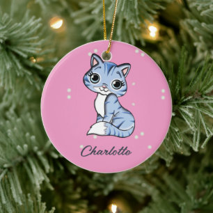 Adorno De Cerámica Cuidar gato azul en nombre personalizado rosa