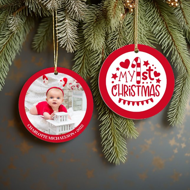Adorno De Cerámica Cuidar mi primera foto personalizada de Navidad (Cute My First Christmas Personalized Photo Ceramic Ornament)