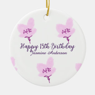 Adorno De Cerámica Cumpleaños 15 rosa mauve floral nombre quinceañera