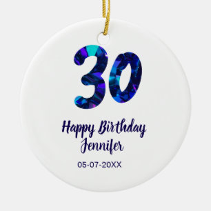 Adorno De Cerámica cumpleaños 30 nombre fecha año azul destello 