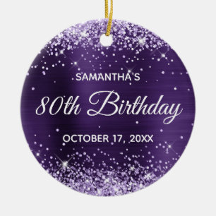 Adorno De Cerámica Cumpleaños 80 Glittery Violeta Oscuro Purpura Hoja