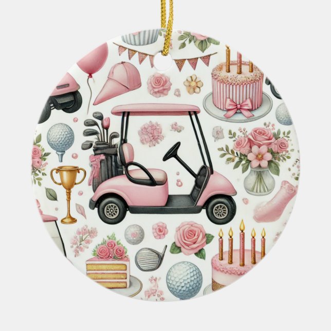 Adorno De Cerámica Cumpleaños del Golf Tema rosa para Lady Golfer (Frente)