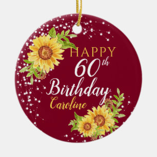 Adorno De Cerámica Cumpleaños floral de 60 años girasol burdeos