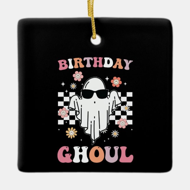 Adorno De Cerámica Cumpleaños Ghoul Ghost Halloween Groovy Retro (Anverso)