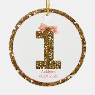 Adorno De Cerámica Cumpleaños Uno 1 con Lazo Rosa y Brillo Dorado