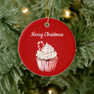 Adorno De Cerámica Cupcake de Navidad con Bastón de Caramelo