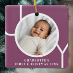 Adorno De Cerámica Custom Baby's First Christmas Holiday Photo Purple<br><div class="desc">This festive Baby's First Christmas Photo Ornament is decorated with the word JOY on a purple plum background.
Easily customizable with your photo,  name,  and year.
Suitable for a baby girl or boy.</div>