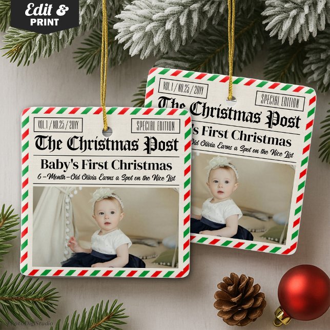 Adorno De Cerámica Custom Baby's First Christmas Newspaper (Custom Baby's First Christmas Newspaper Ceramic Ornament)