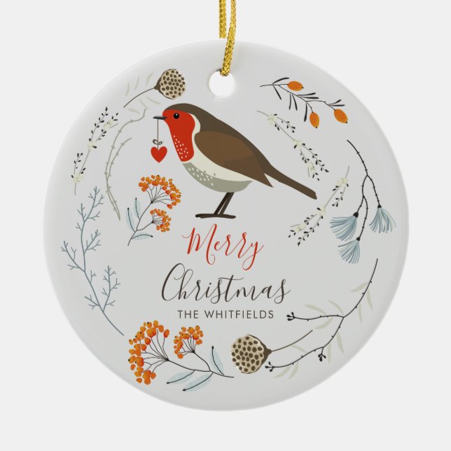 Adorno De Cerámica Custom Botanical Robin Bird Botanical Christmas (Frente)