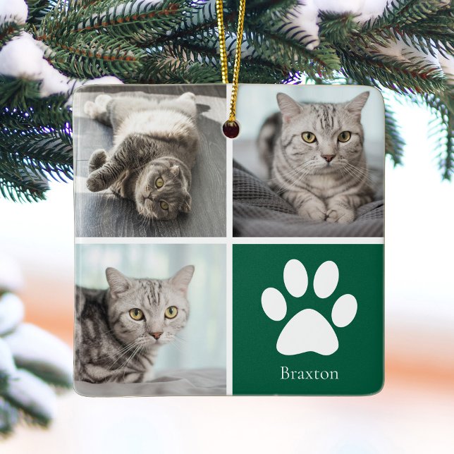 Adorno De Cerámica Custom Cat Photo Collage Cute Green Christmas (Subido por el creador)