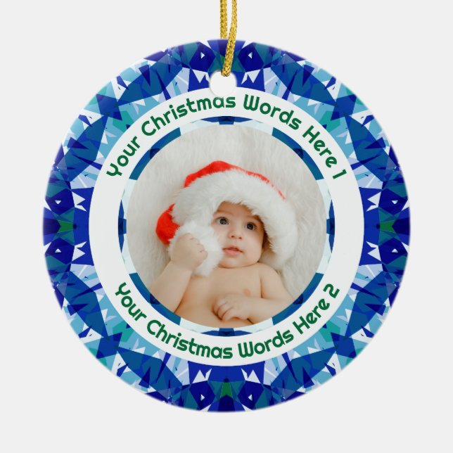 Adorno De Cerámica Custom Christmas Blue Green Family Photo Gift (Frente)