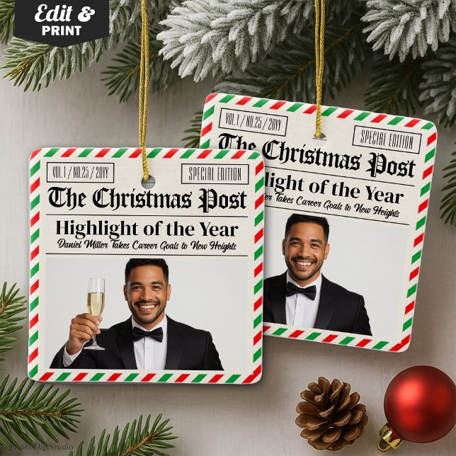 Adorno De Cerámica Custom Christmas Celebrate Achievement Newspaper  (Custom Christmas Celebrate Achievement Newspaper Ceramic Ornament)