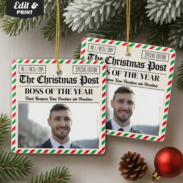Adorno De Cerámica Custom Christmas Gift for Boss Christmas Newspaper (Custom Christmas Gift for Boss Christmas Newspaper Ceramic Ornament)