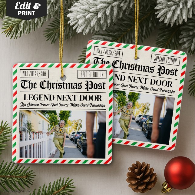 Adorno De Cerámica Custom Christmas Gift for Neighbour Fun Newspaper (Custom Christmas Gift for Neighbour Fun Newspaper Ceramic Ornament)