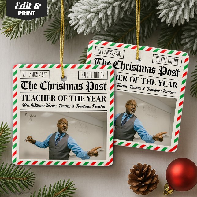 Adorno De Cerámica Custom Christmas Gift for Teacher Newspaper  (Custom Christmas Gift for Teacher Newspaper Ceramic Ornament)