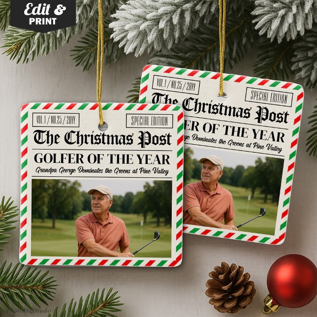 Adorno De Cerámica Custom Christmas Golfer Gift, Fun Golf Newspaper  (Custom Christmas Golfer Gift, Fun Golf Newspaper Ceramic Ornament)