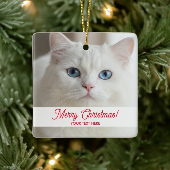 Adorno De Cerámica Custom Christmas tree ornament with white cat pic (Árbol)